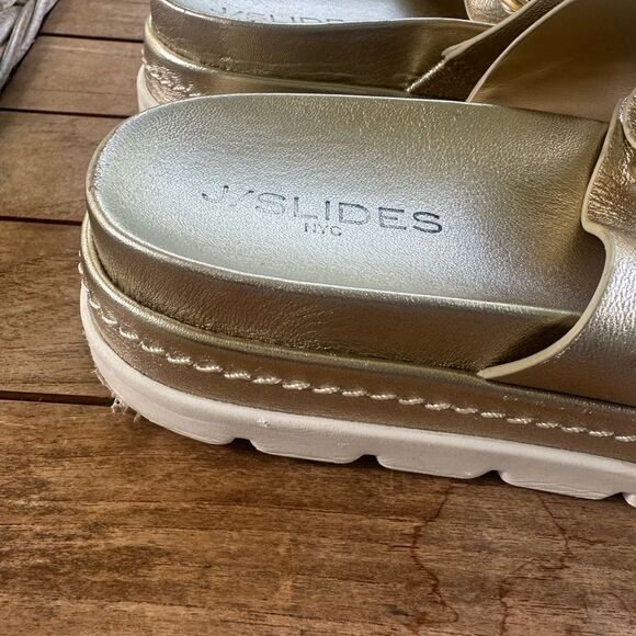 J/SLIDES Baha Gold Metallic Leather 2 buckle Sandals 9.5 - Picture 3 of 6